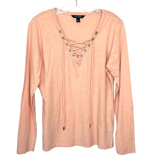 Lauren Ralph Lauren Wms Medium Pale Peach Cotton Lace Up LS Top Casual Spring - Picture 1 of 7